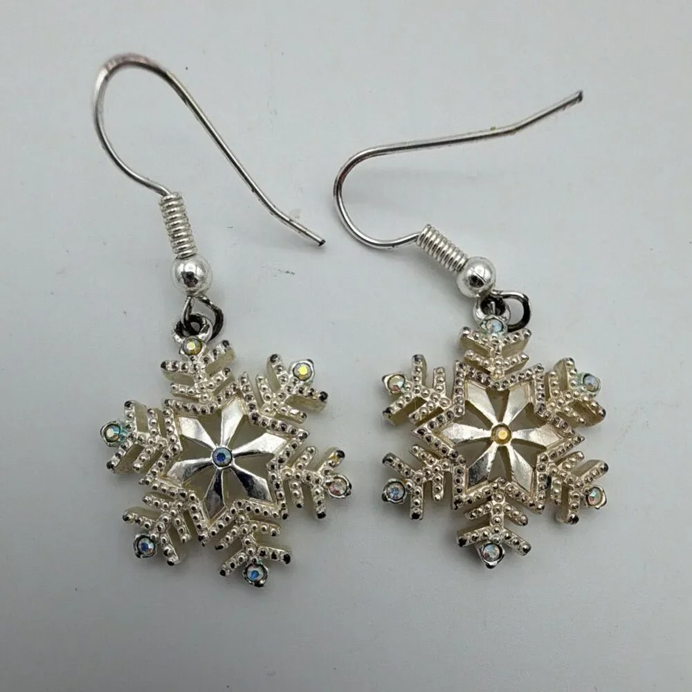 Silver Tone Snowflake Crystal Dangle Drop Earrings Hook Closure 1.5